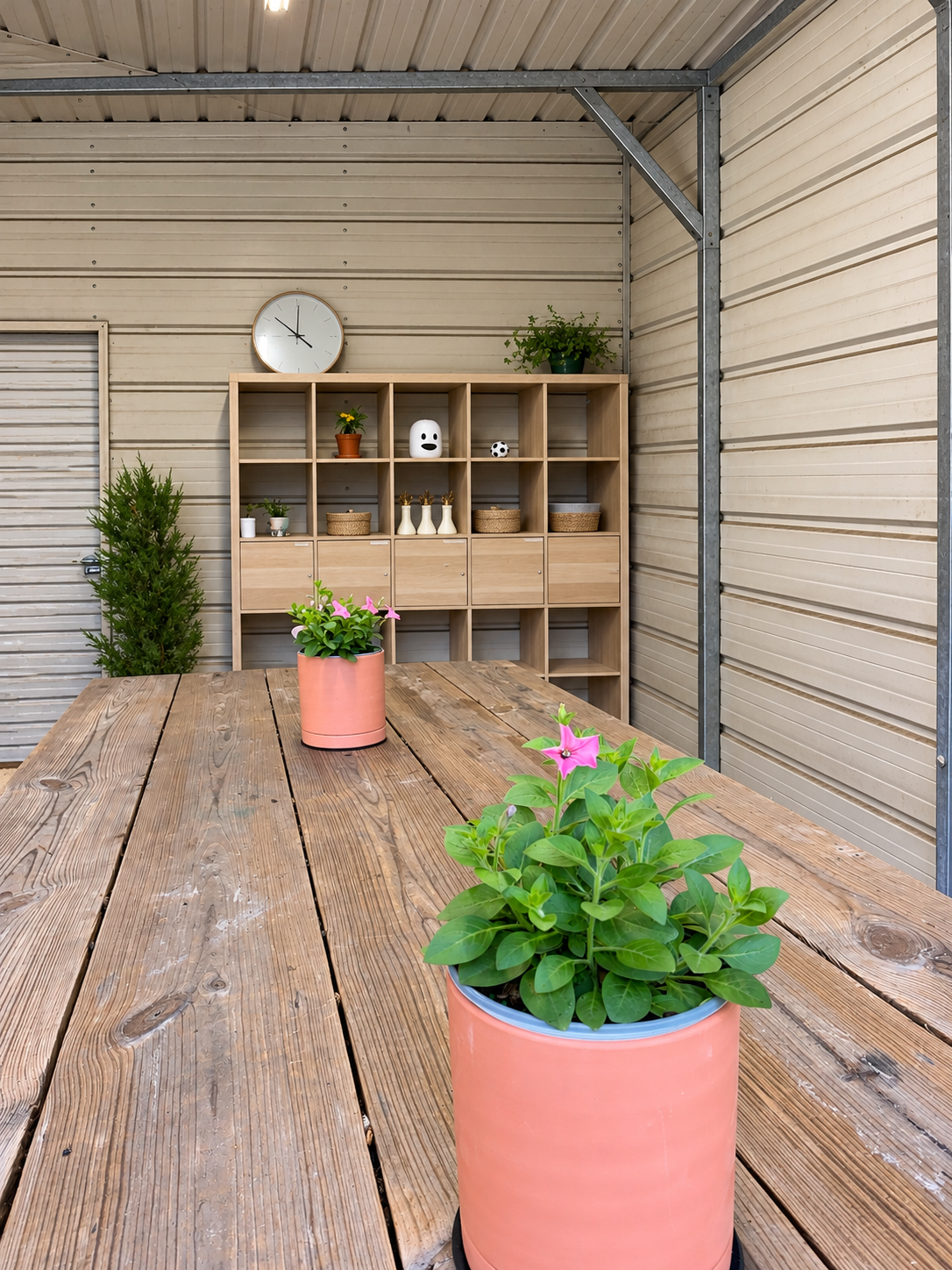 ORVIT's covered outdoor learning table prepared with plants and organized materials